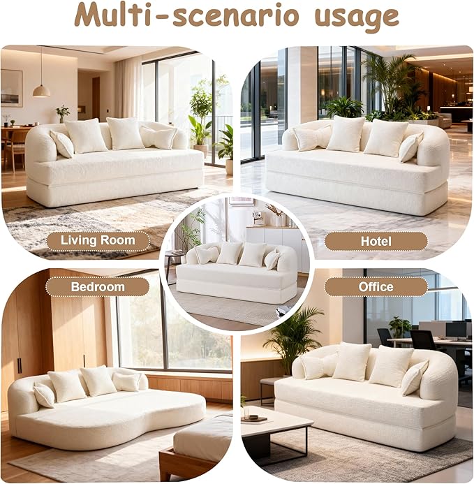 70Convertible Folding Sofa Bed 2-in-1 Boneless Loveseat Couch Wood-grain Soft Chenille with 4 Pillows Sleeper Sofa Love Seat Small Couch for Small Spaces Living Room Bedroom No Assembly