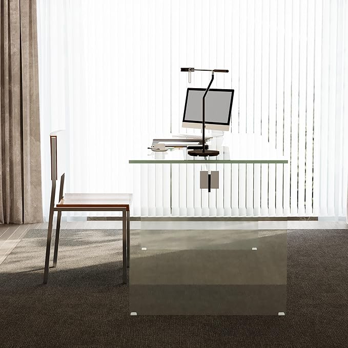 53.14 Modern Tempered Glass Executive Desk with Drawer Black Wood Finish and Tempered Glass Legs – Minimalist Stylish Workstation Table for Home Office (Transparent Glass Desk)