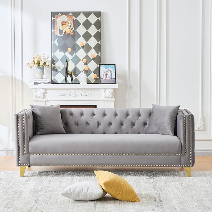 2 Piece Chesterfield Sofa Comfy Velvet Button Tufted Mid Century Modern Couch Set White Cloud Futon Loveseat Gold Legs &amp Nailhead Deep Seat Sofas for Living Room Office (Grey 3 Seater Set of 2