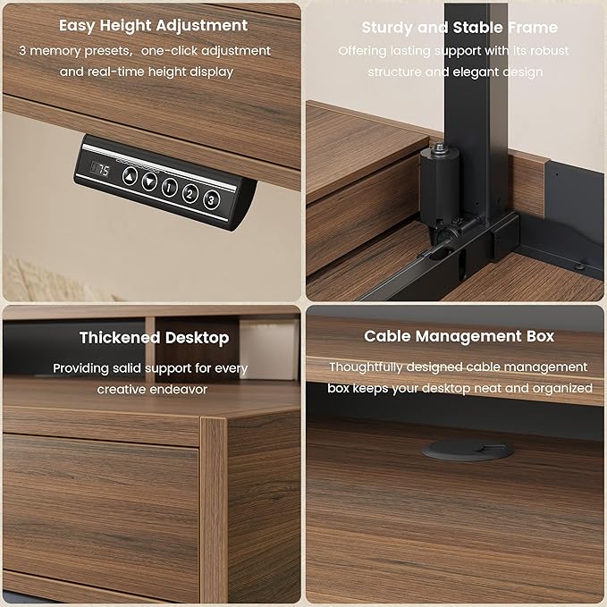 Standing Desk with 3 Drawers 47.2 x 26 Inches Height Adjustable Desk with Monitor Shelf Electric Stand Up Table with Storage for Home and Office Black Walnut