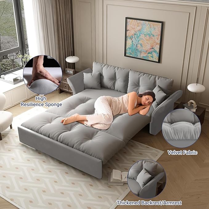 74.8 Queen Size Sleeper Sofa with Pull Out Bed 3-in-1 Convertible Loveseat Sofa with 2 Pillows Portable Pull Out Chaise for Living Room Apartment Small Spaces Grey