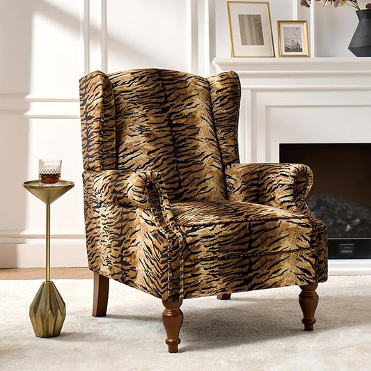 HULALA HOME Wingback Accent Chair with Animal Print Pattern Traditional Fabric Armchair with Nailhead Trim and Retro Wooden Legs Tiger