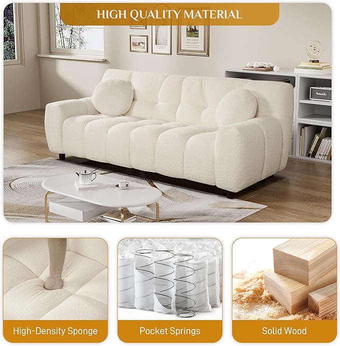 Boucle Cloud Sofa Couch Comfy Deep Seat Sherpa Couch 72.8 Upholstered Cozy Teddy 2 Seat Marshmallow Couches Oversized Loveseat Sofa for Living Room Bedroom Cream White