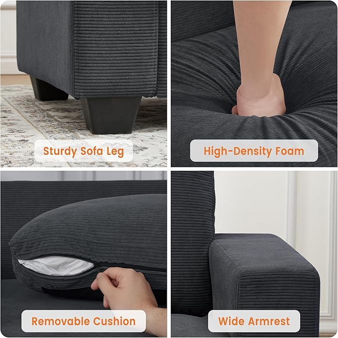 Modern Loveseat Sofa Couches for Living Room 83 Boneless Comfy Corduroy Sofa for Apartment Bedroom or Office Soft Upholstered Couch for Compact Spaces Deep Seats Wood Frame Removable Cover Gray