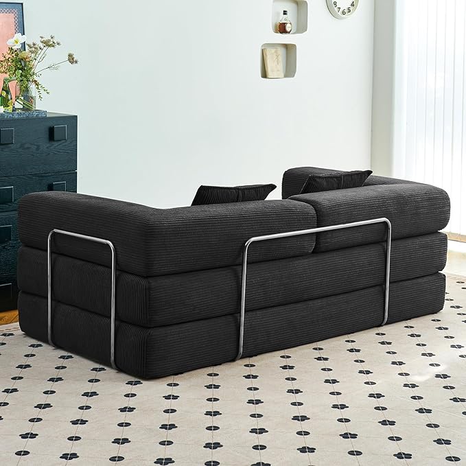 Compression Sofa - 62''Convertible Floor Sofa Bed - with Pillow Back Support Armrest - Comfy Foldable Sofa Bed Compressed Sofa in Box - Corduroy Fabric - for Living Room Bedroom (Black)