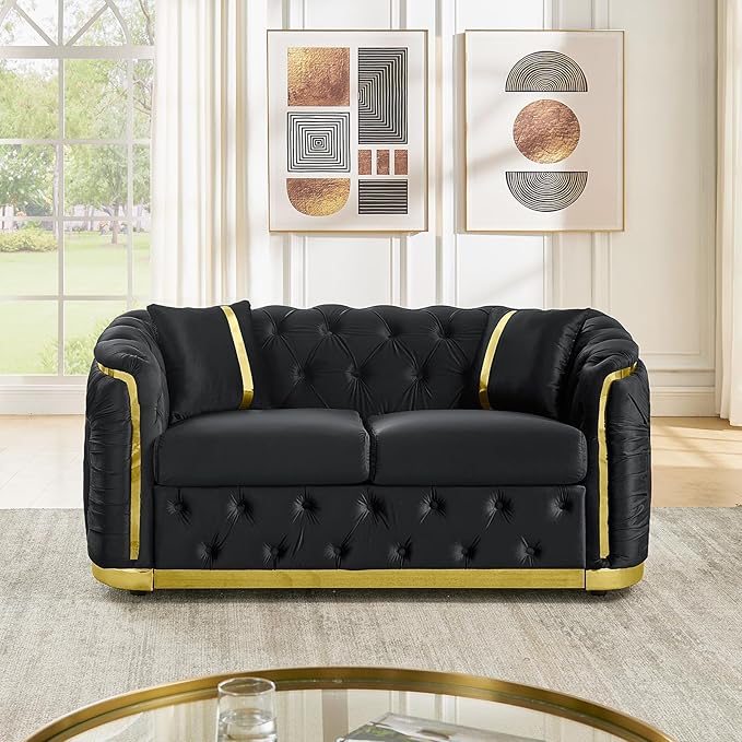 62.6 Mid Century Modern Loveseat Chesterfield Sofa Couch Black and Gold Couch Velvet Button Tufted Luxury Couches for Living Room with Golden Decor &amp 2 Pillows Black | StainlessSteel Decor Ele