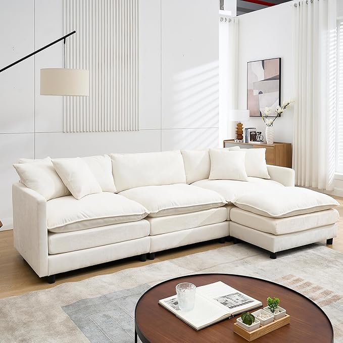 Modular Convertible Sectional Couch 4 Seat L Shaped Sofa Reversible Chaise Sectional Sofa Deep Seat Cloud Couch Chenille for Home Apartment Dorm (Cream White L Shaped)