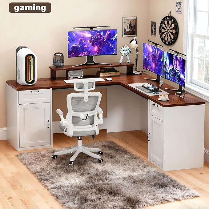 78 Farmhouse L Shaped Executive Desk with Drawers Modern Computer Desk with Power Outlets Office Writing Desk with Monitor Stand &amp Storage Cabinet Printer Shelf Antique White