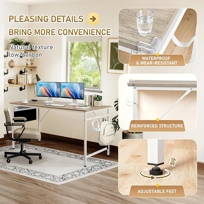 VINGLI 63 Inch Computer Office Modern Simple Gaming Desk with Side Fabric Drawer &amp Hook Up Wear-Resistant Surface Writing Desk Work Desk for Bedroom Living Room Oak Grey