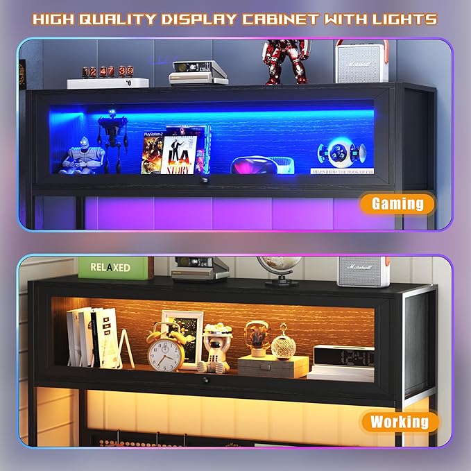 L Shaped Gaming Desk with Power Outlets &amp LED Lights 49'' Reversible Computer Desk with Hutch &amp Pegboard &amp Display Cabinet Corner Home Office Desk with Drawer &amp Keyboard Tray &amp S