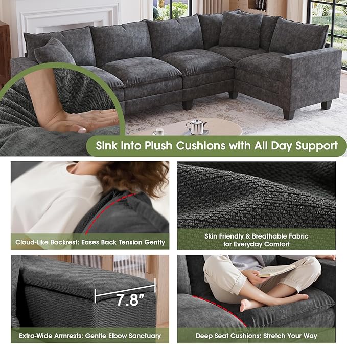 97 L Shaped Sectional Couch Comfy Chenille Cloud Couch 5 Seat Modular Cloud Sofa with 2 Pillows &amp Storage Armrests Convertible V Shaped Corner Couch Sectional Couches for Living Room Grey