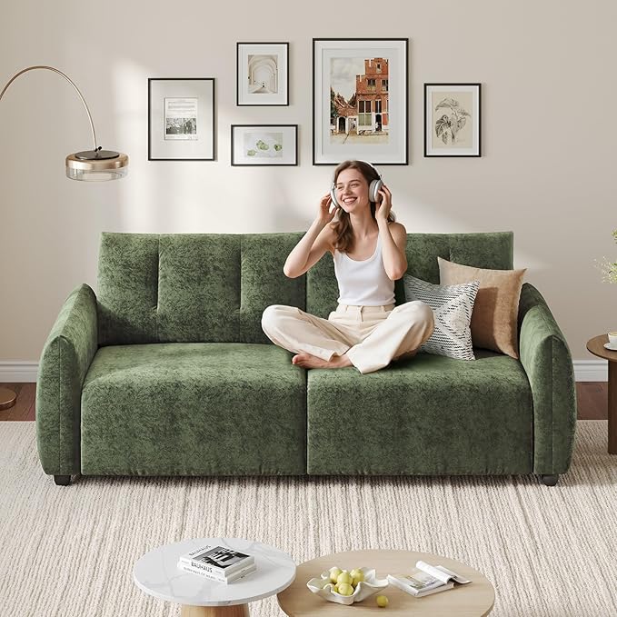 84.5 Inch Loveseat SofaModern Couch and SofaFeather-tip armrest DesignSturdy and Easy InstallationSmall Sofa for Living Room Bedroom Office and ApartmentChenille FabricGreen
