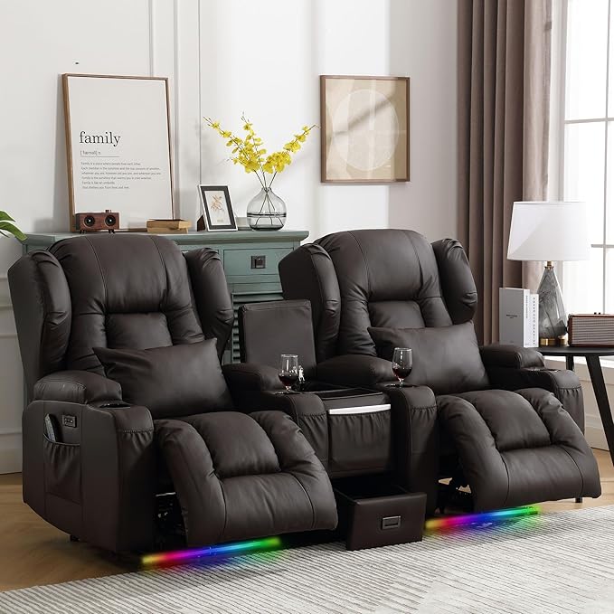 DRMBOOK Power Recliner Chair Electric Wall Hugger Reclining Sofa with Massage &amp Heat Overstuffed Theater Seating with LED/USB Port/Cup Holders for Living Room (Leather Brown 2 Chairs)