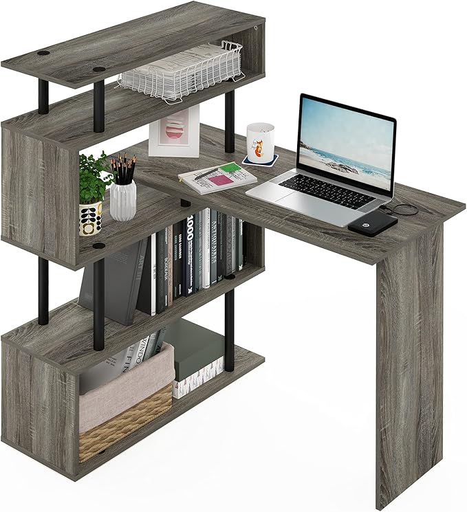 Furinno Classic Desk 40 Wide L-Shape Gaming Desk Computer Desk Writing Desk with 5-Tier S-Shaped Side Shelves for Home Office Study Room Dorm Bedroom French Oak