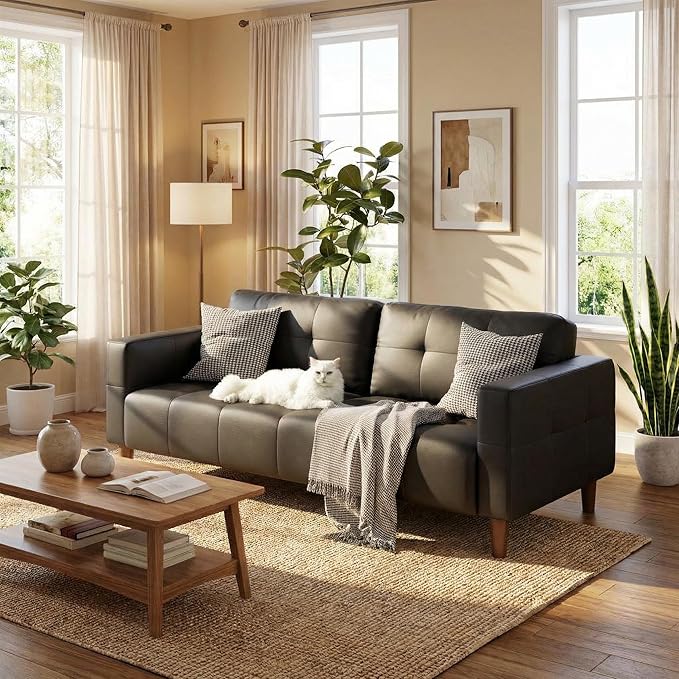 3-Seater Sofa Couch 83 in Wide Faux Leather Sofa Couch with Spring Cushion Modern Sofa with Deep Seats and 2 Removable Back Cushions for Living Room Bedroom Apartment Black