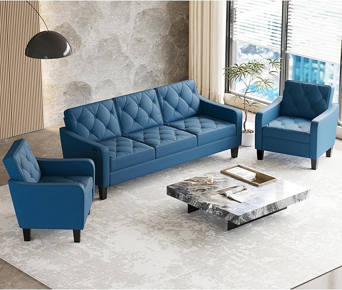 STHOUYN 83” Blue Sofas &amp Couches Small 3-Seater Sofa for Living Room Apartment Size Couch Comfy Mini Couch Living Space Couch Tufted Design Office or Waiting Area (Blue) | Tufted Design Blue