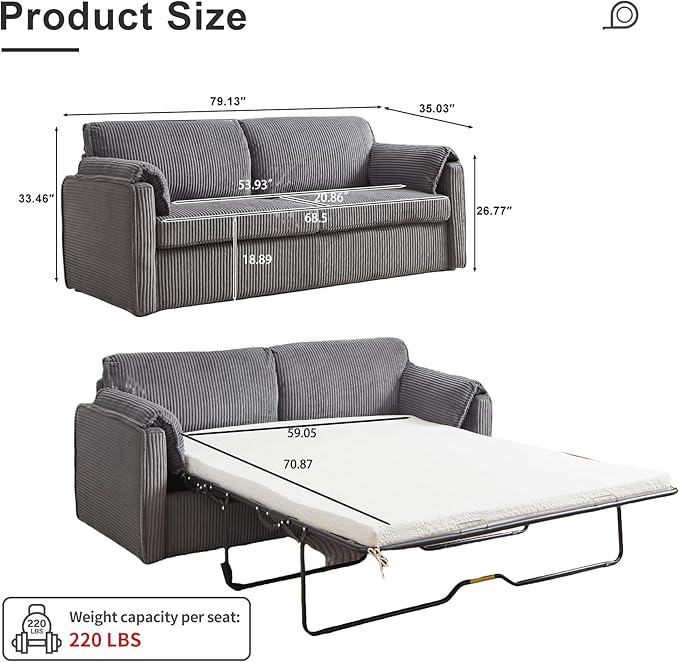 Pull Out Sofa Bed Corduroy Queen Sleeper Sofa Couch with Foam Mattress Large Sleeper Pullout Couch Bed for Living Room Office Queen Size (Grey)