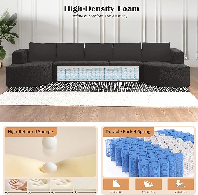 144 Boneless Couches for Living Room Modern U Shaped Sectional Couch with Chaise Lounge Comfy Deep Seat Cloud Sofa No Assembly Required (Dark Grey)
