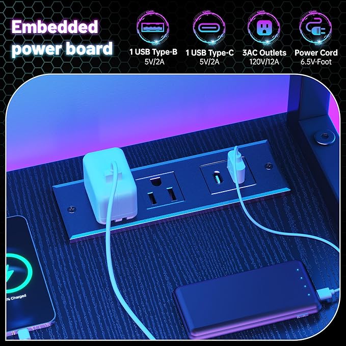 Gaming Desk with LED Lights &amp Outlets55 L Shaped Computer Desk with Shelves &amp Storage HutchReversible Corner Gaming Table with Printer Space &amp Monitor Stand for Home OfficeBlack