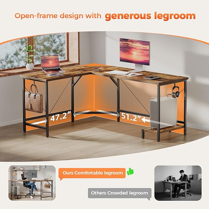 Mericonia 50 inch Large L Shaped Desk Simple Corner Gaming Desk with CPU Stand &amp Hooks Computer Desk for Home Bedroom &amp Office Workspace Rustic Brown