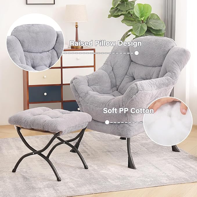 Tiita Lazy Chair with Ottoman Light Grey Modern Large Accent Armchair Comfy Leisure Sofa Reading Chair with Footrest for Bedroom Living Room Dorm Rooms Garden Plush Light Grey