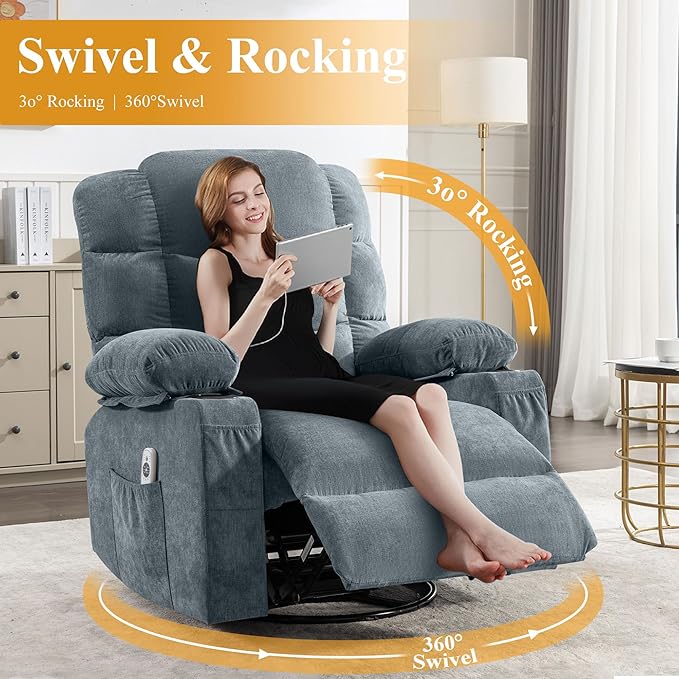 Oversized Massage Swivel Recliner Chair with Lumbar Heating for Living Room Rocker Recliner Single Sofa with Cup Holders and USB Charge Port Large Big Chair Recliners for Adult