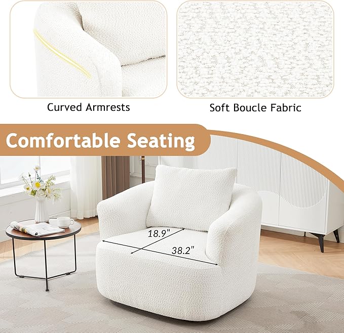 Oversized Swivel Accent Chair - 360° Rotating Barrel Chair with Boucle Fabric &amp Ergonomic Armrests for Living Room Office (Beige)