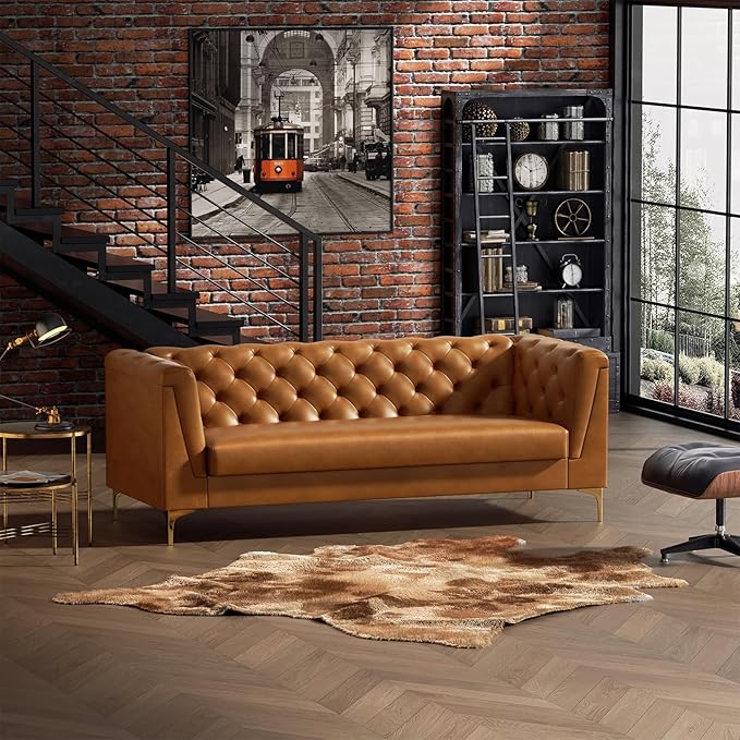 81 Mid-Century Modern Sofa CouchFaux Leather 3 Seater Sofa and Comfortable CushionsComfy Deep Seats Sofa Modern Couch for Living RoomOffice Apartment Small SpaceTool-Free AssemblyBrown
