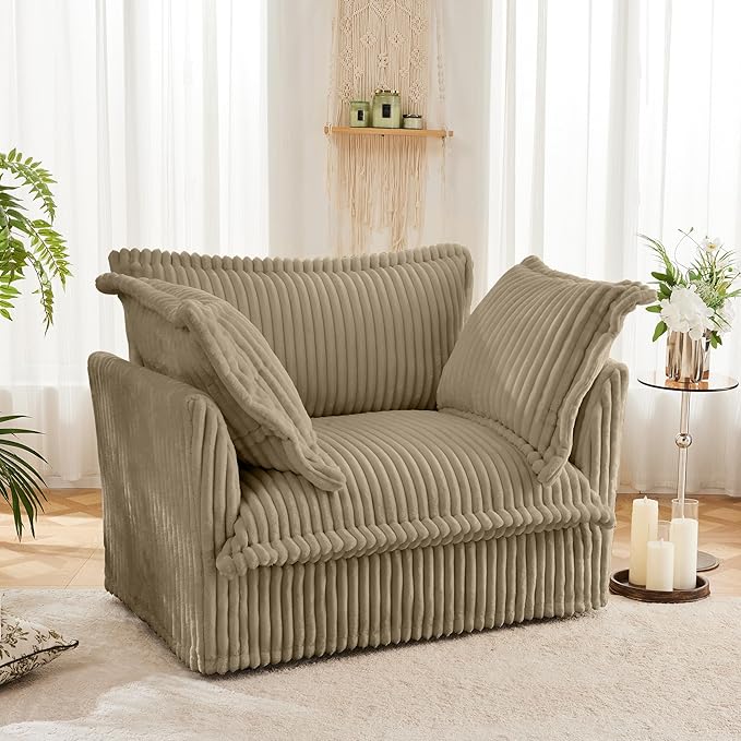 Aoowow Oversized Modular Sectional Sofa Chair 49” Corduroy Fabric Single Armchair Comfy Deep Seat Couch Sofa with Big Toss Pillows for Living Room Apartment Office(Camel-Corduroy)