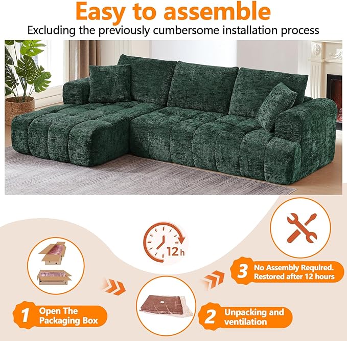 Luxury 108 Sofa with Oversized Chaise L-Shaped Chenille Modular Cloud Couch with Deep Seat &amp 2 Pillows Orange Boneless Couches for Living Room Apartments Homes (Green Left Facing Chaise)