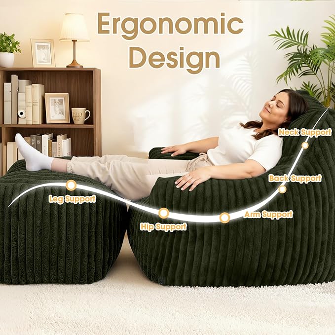 Giant Bean Bag Chair with Ottoman Oversized Plush Comfy Bean Bag Sofa for Adults and Kids Memory Foam Mini Couch Single Lounges for Living Room Bedroom &amp Game Room(Green)