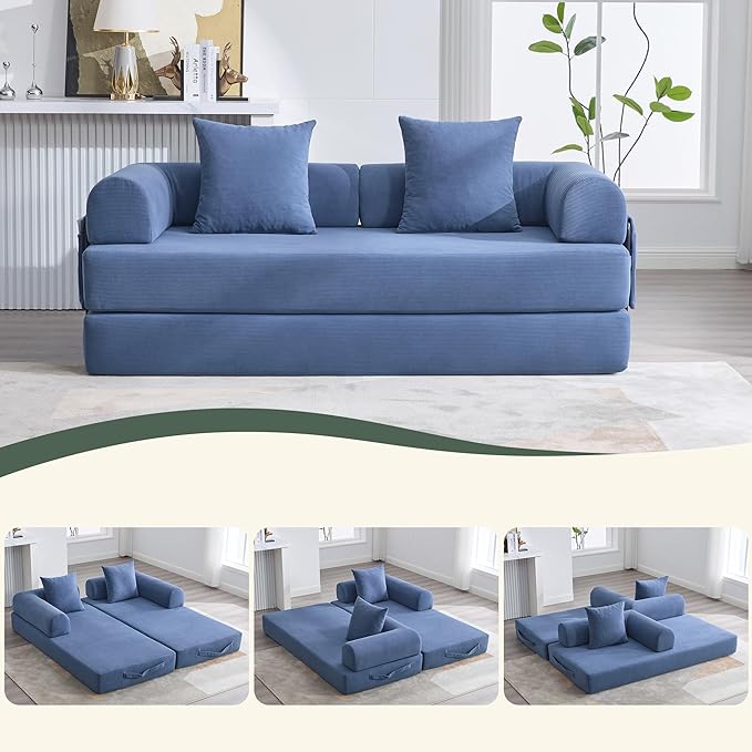 Convertible Sleeper Sofa Bed with Fixed-Shape Frame Floor Sofa Lounge Couch with Cylindrical Pillow Corduroy Folding Mattress Couch for Living Room Bedroom Navy Blue