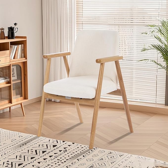Accent Chair Mid Century Modern Armchair Comfy Reading Chair with Soft Seat &amp Solid Wood Legs for Living Room Office Bedroom Vanity (White)
