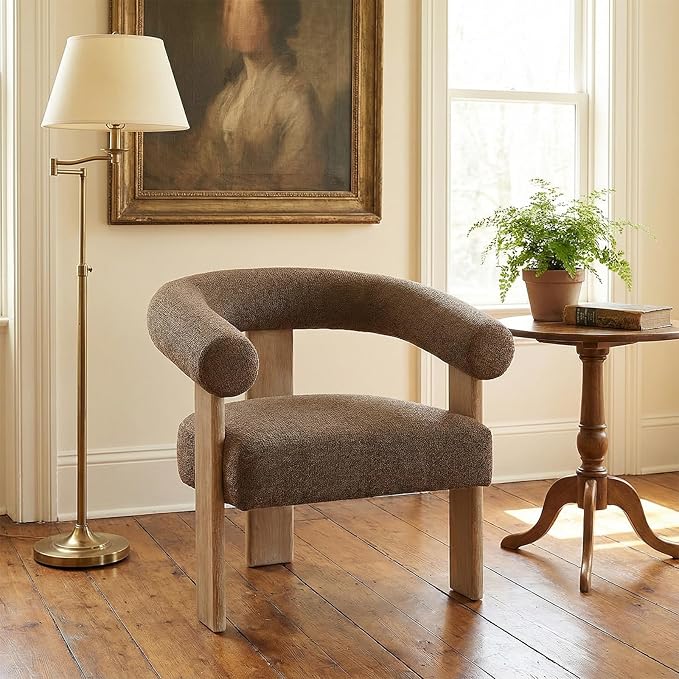 VKNOW Accent Chair Living Room Chairs Set of 2 Modern Upholstered Arm Chair with Solid Wood Legs Comfy Barrel Accent Chairs for Living Room Bedroom Brown