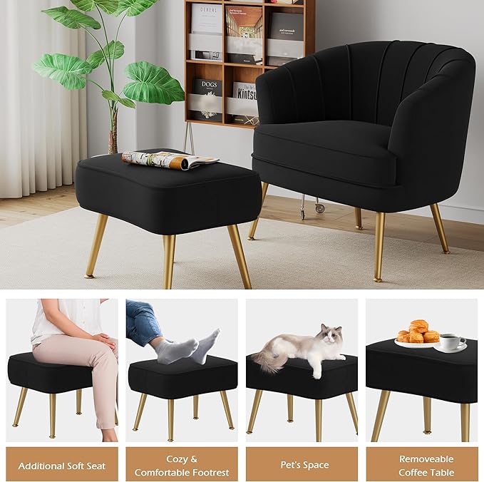 Velvet Accent Chairs with Ottoman for Living Room Bedroom Office Leisure Upholstered Single Sofa Chair Arm Chair Comfy Chair Reading Club Coffee Chair with Metal Legs Black