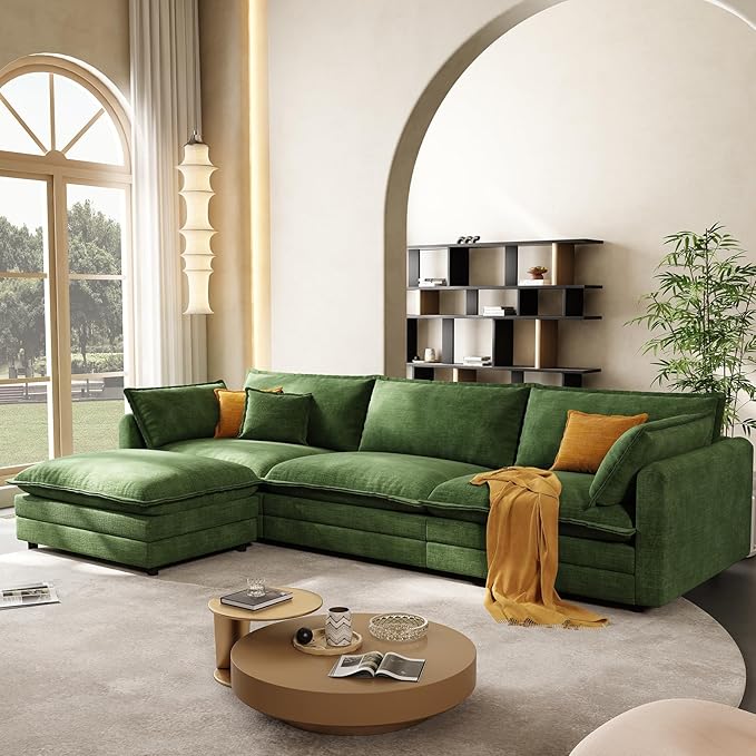 102'' Modular Sectional Sofa Green Couch Cloud Couches for Living Room L Shaped Couch with Movable Ottoman Modern Cloud Sectional Sofas for Bedroom and ApartmentGreen
