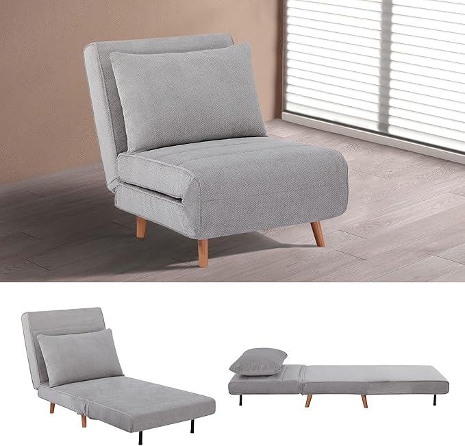 31 Convertible Sleeper Chair 3-in-1 Foldable Chair Bed with Pillow 3-Position Adjustable Backrest Single Sofa Bed for Apartment Office Light Gray