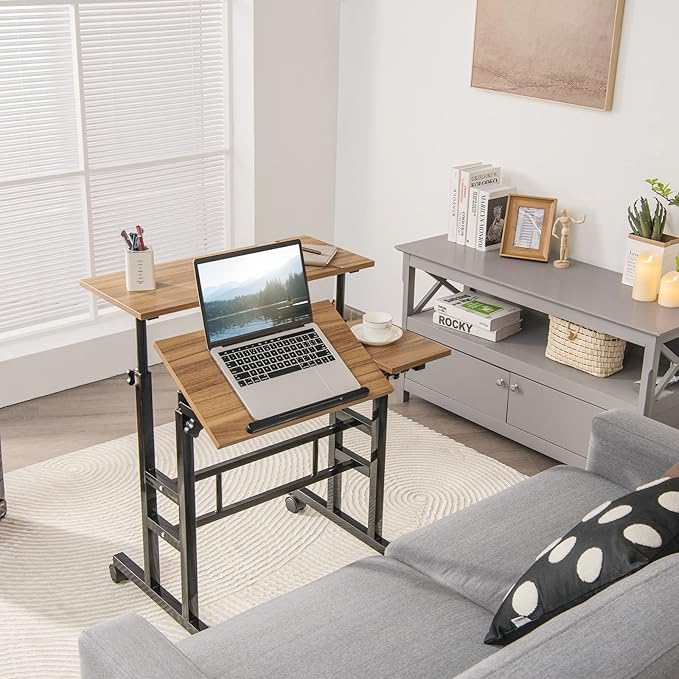 Giantex Mobile Standing Desk Height Adjustable Stand Up Desk with Wheels &amp Tilting Tabletop Rolling Laptop Cart Computer Workstation for Standing or Sitting Home Office Sit Stand Desk Walnut