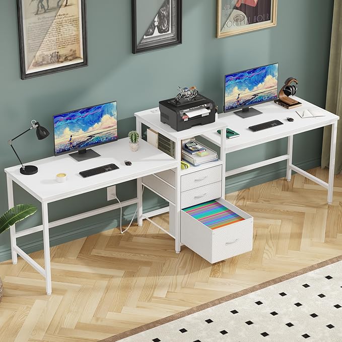 GYIIYUO 93'' Two Person Desk with Charging Station Long Desk with 3 Drawers and Printer Shelf Double Computer Desk 2 Person Writing Study Table Workstation for Home Office White