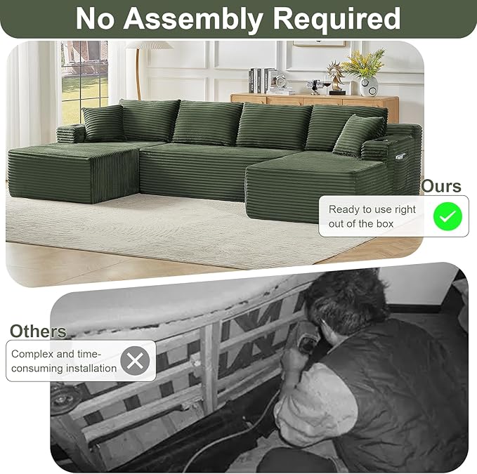134 Oversized U Shaped Cloud Couch Boneless Modular Sectional Sofa for Living Room 5 Seat Couch with Storage Pockets &amp Cup Holders Free Combination No Assembly Required Green