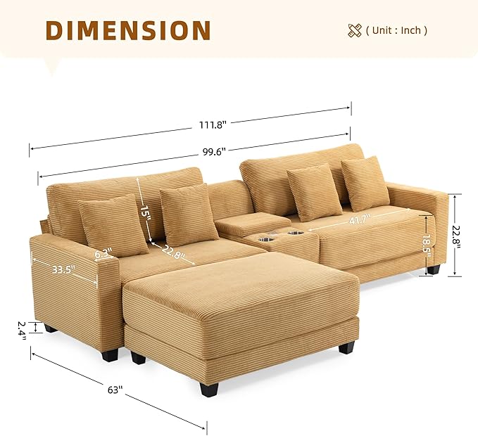 111.8 inch Modular Sectional Sofa with Charging Ports Cup Holders &amp Storage Modern Oversized Corduroy 4-Seater for Living Room Yellow