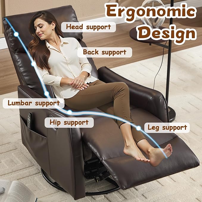 Slim Swivel Rocking Chair Recliner with PocketsLazy Boy Recliners for for AdultsSmall Recliner Chair for Small Spaces Manual Reclining Chair for Living Room Bedroom (Brown 2)