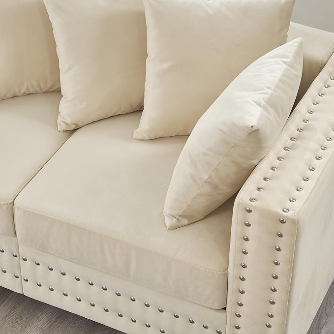 2 Piece Velvet Sofa Set with Storage - Mid Century Modern Chesterfield Couch and Loveseat Sets Comfy Deep Seat Upholstered Sectional Love Seat with Retro Nailhead Beige Couches Living Room (Apricot)