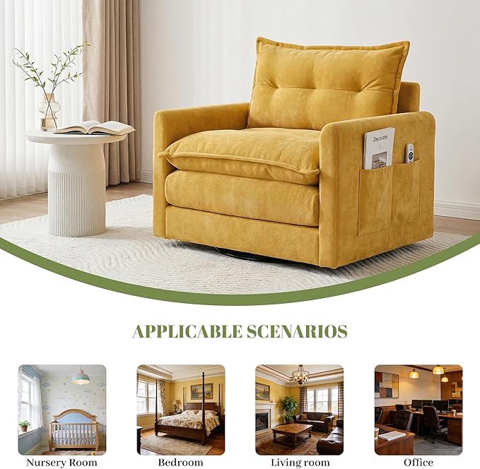 Square Swivel Chair360°Rotation Armchair for ReadingPlush Chenille Upholstered Accent Club Chair with ArmsModern Single Cloud Sofa Chair for Living Room Bedroom (1 Mustard Yellow)