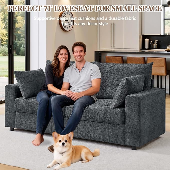 71 Loveseat Sofa Upholstered Love Seat with Deep Cushions &amp Removable Pillows Modern Polyester Couch for Bedroom Living Room &amp Office (Blue Gray)