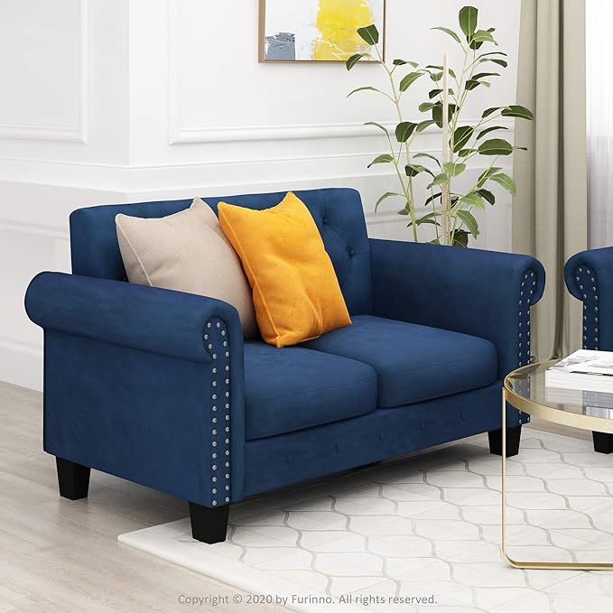 Furinno Bastia Vintage Modern Chesterfield Button Tufted Loveseat/Sofa Couch for Living Room Navy Velvet