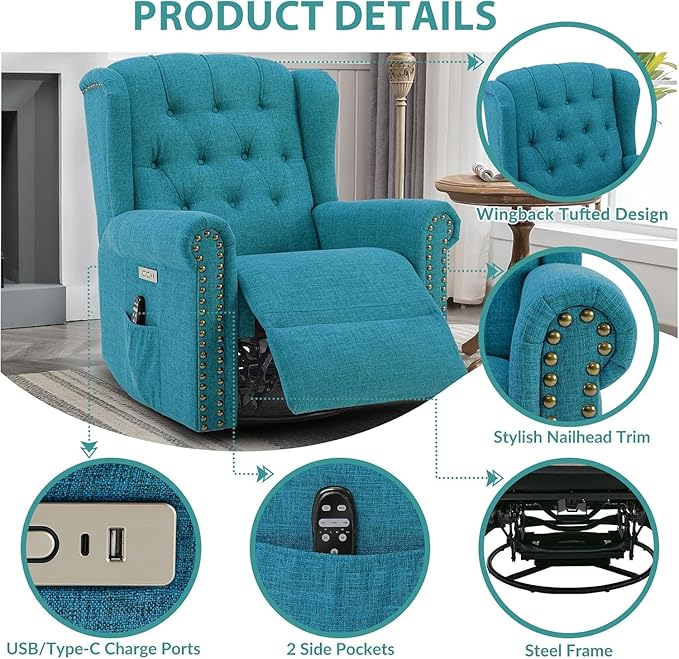 MEETWARM Power Swivel Rocking Glider Recliner Chair with Heat and Vibration Electric Rocker Nursery Reclining Chair Wingback Tufted Upholstered Recliner with Type-C &amp USB Ports for Living Room(T