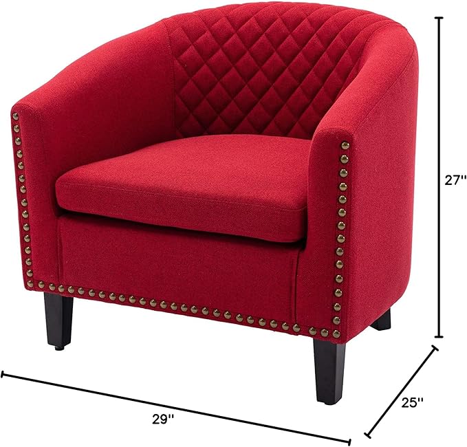 Accent Barrel Chair Living Room Chair with Nailheads and Solid Wood Legs Red Linen