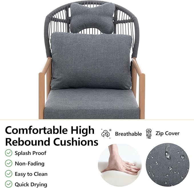 DAYRAUS Living Room Chairs Accent Chairs Set of 2 with Coffee Table Rattan Braid Arm Chair Comfy Reading Lounge Chair 3 Pieces Living Room Furniture Sets Bedroom Armchair for Outdoor Dark Gray