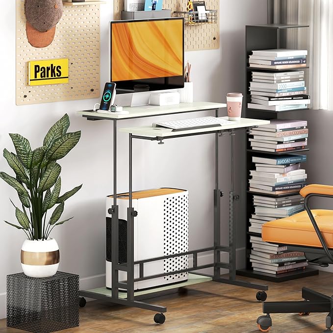 HOMCOM Height Adjustable Standing Desk with Power Outlets Stand Up Desk with Tiltable Tabletop Lockable Wheels Bottom Shelf Rolling Workstation for Home Office Oak
